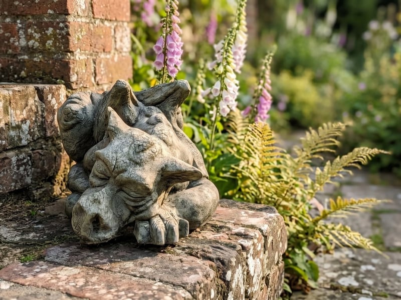 Cast stone sleeping Welsh-style dragon garden ornament curled on a brick flagstone among foxgloves in a cottage garden at golden hour