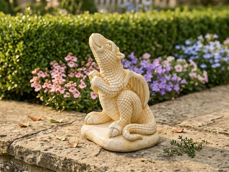 Sandstone hatchling dragon garden ornament sitting upright gazing skyward on a York stone patio step in a suburban back garden