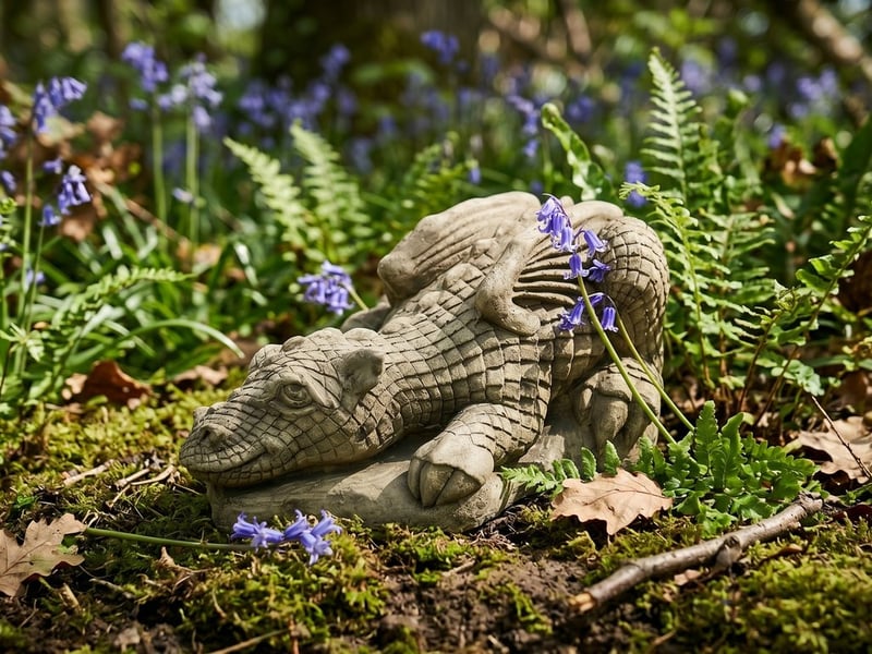 Grey cast stone dragon hatchling garden ornament lying among bluebells and ferns at a woodland edge in an English garden