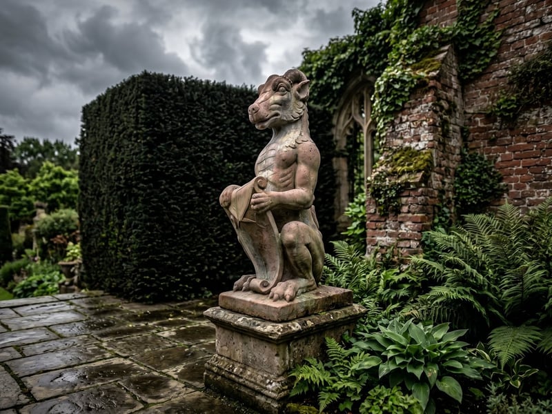 Heraldic dragon garden statue in cast stone on a stone terrace, showing the dragon statue meaning of guardianship and strength