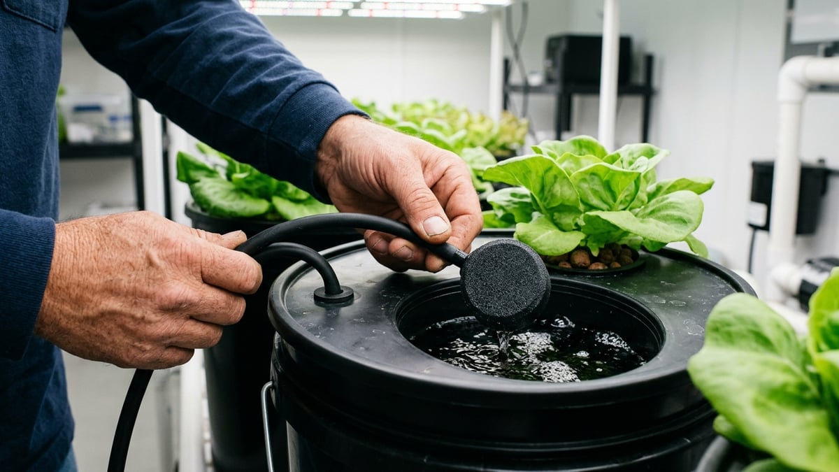 Grower inspecting air hose and diffuser beside a clean DWC bucket
