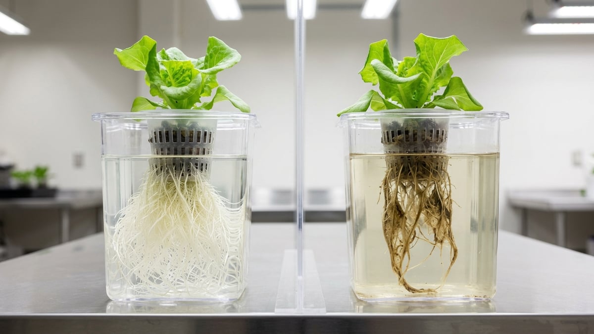Healthy pale hydroponic roots beside brown slimy roots over a DWC reservoir