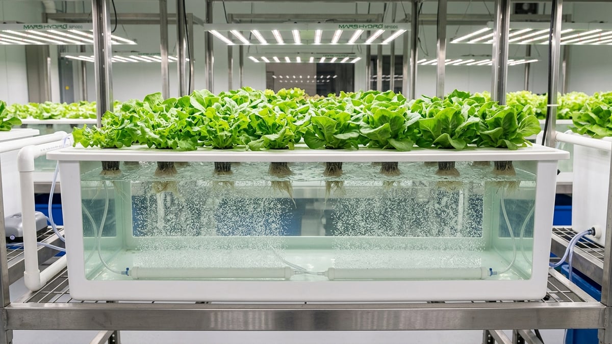 Two hydroponic air diffusers creating even bubbles along a rectangular reservoir