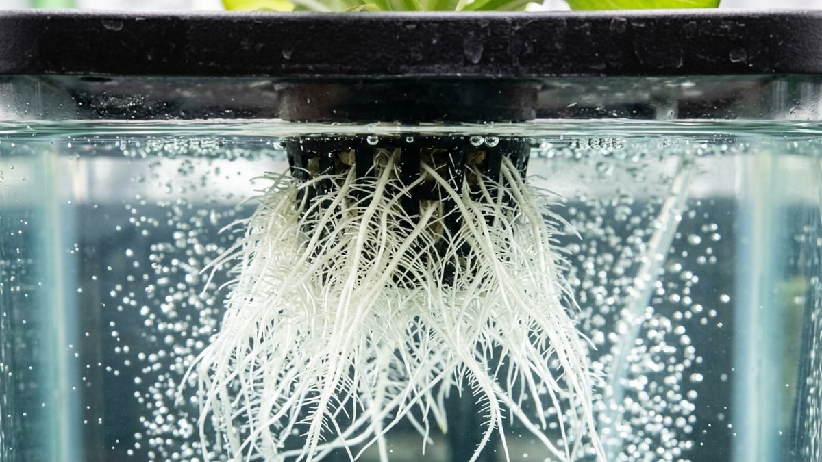 Fresh white root tips growing beneath an opaque DWC lid with even aeration