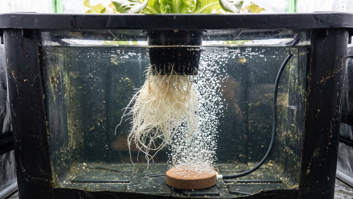 White hydroponic roots above an airstone in a deep water culture reservoir