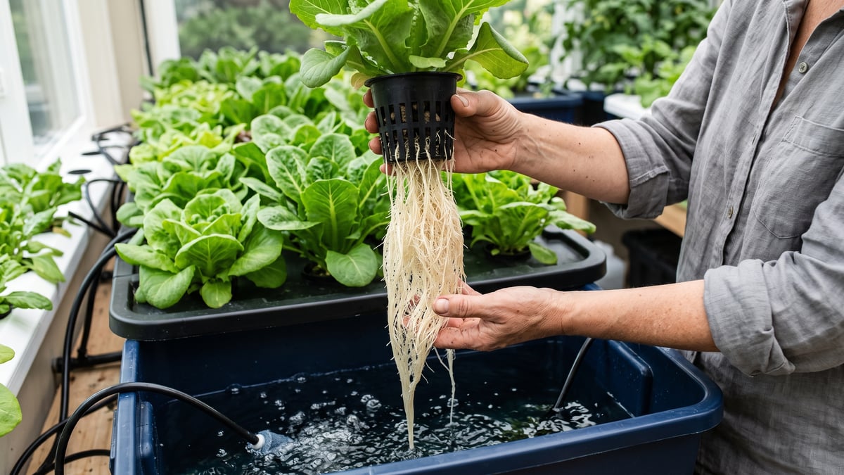 Healthy cream-white lettuce roots being inspected above a DWC reservoir