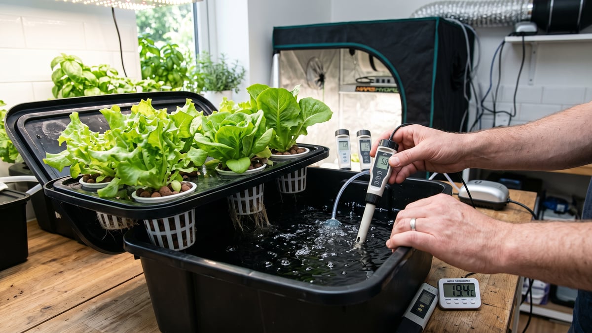 Grower testing temperature pH and EC beside a DWC reservoir
