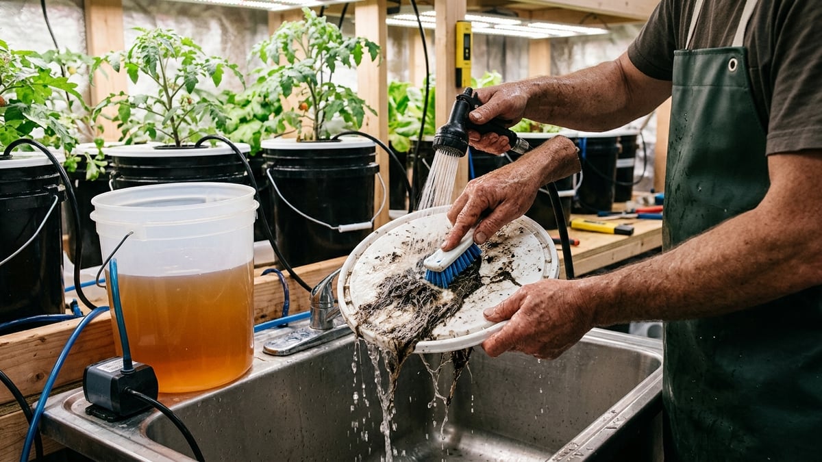 Grower cleaning a DWC lid and rinsing loose root debris beside fresh solution