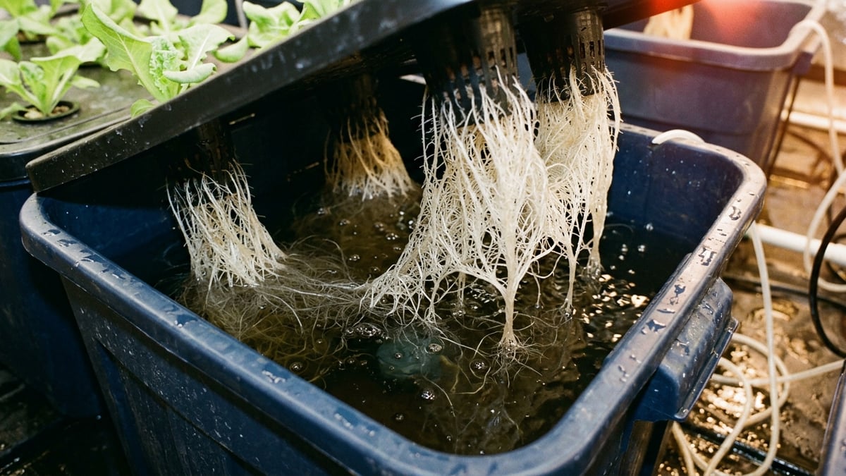 Warm hydroponic reservoir with weak bubbles, light leak and tangled roots
