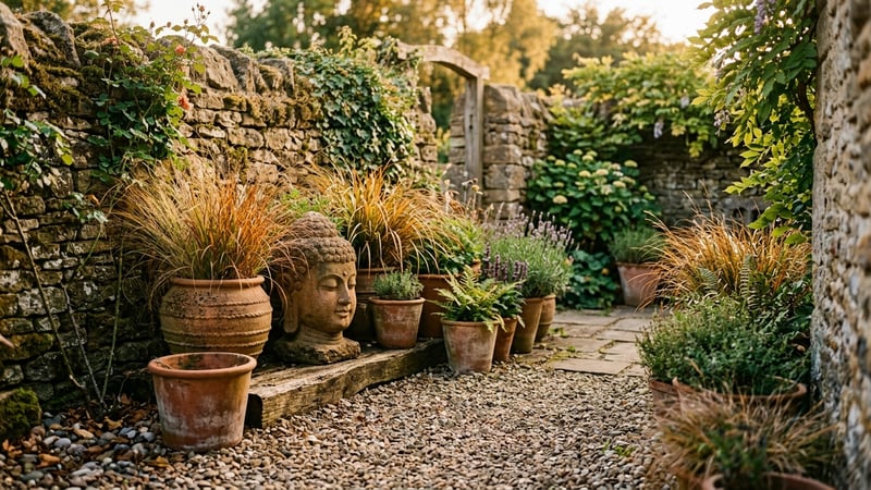 Earthcore garden with warm terracotta pots, sandstone Buddha head and ornamental grasses in bronze tones