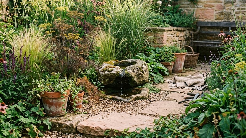 Natural earthy garden scene with weathered sandstone ornaments and wild natural planting