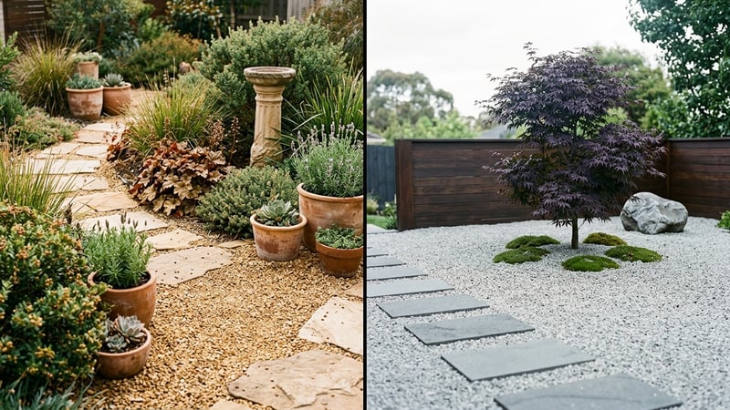 Side by side comparison of Earthcore warm earthy garden style versus Japandi cool minimalist garden style