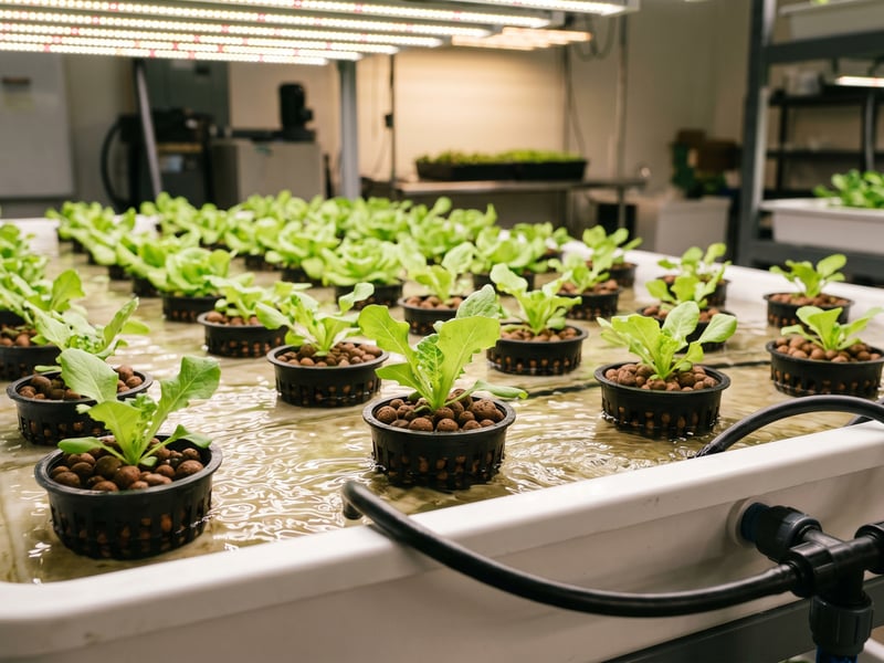 Ebb and flow hydroponics tray flooded with nutrient solution, young lettuce plants in net pots under grow lighting
