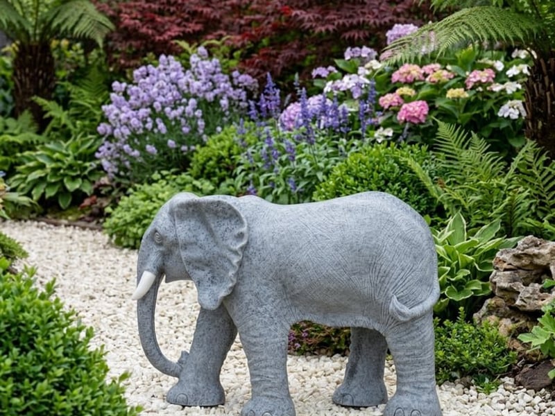 Extra large grey terrazzo marble elephant garden statue as a focal point in a planted UK garden border