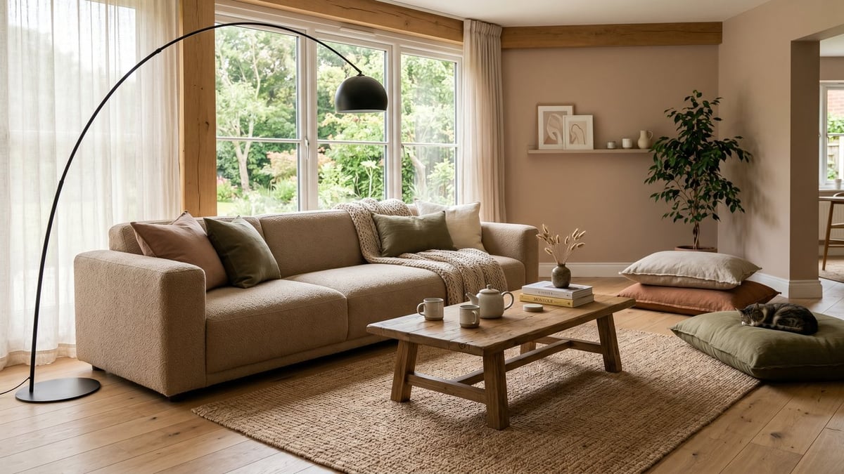 Calm 2026 living room with a low sand-coloured sofa, low oak coffee table and a tall sculptural arc floor lamp