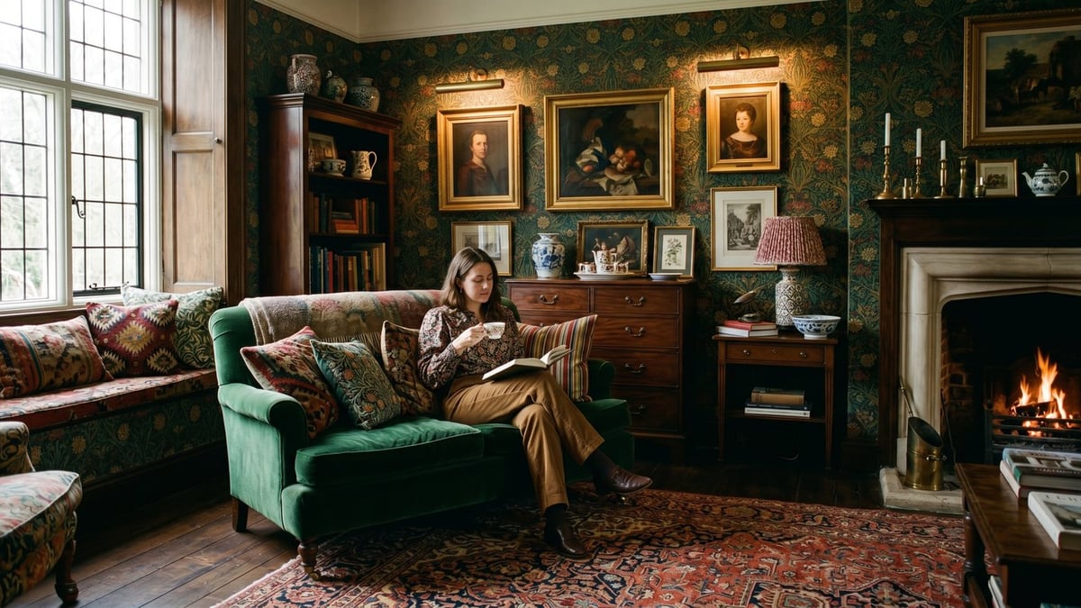 Heritage maximalism living room with a botanical patterned wall, layered cushions and an emerald velvet armchair