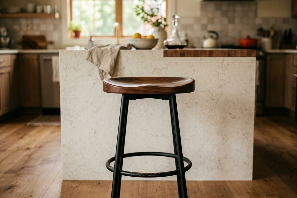 Close-up of a wood and black metal bar stool with a footrest