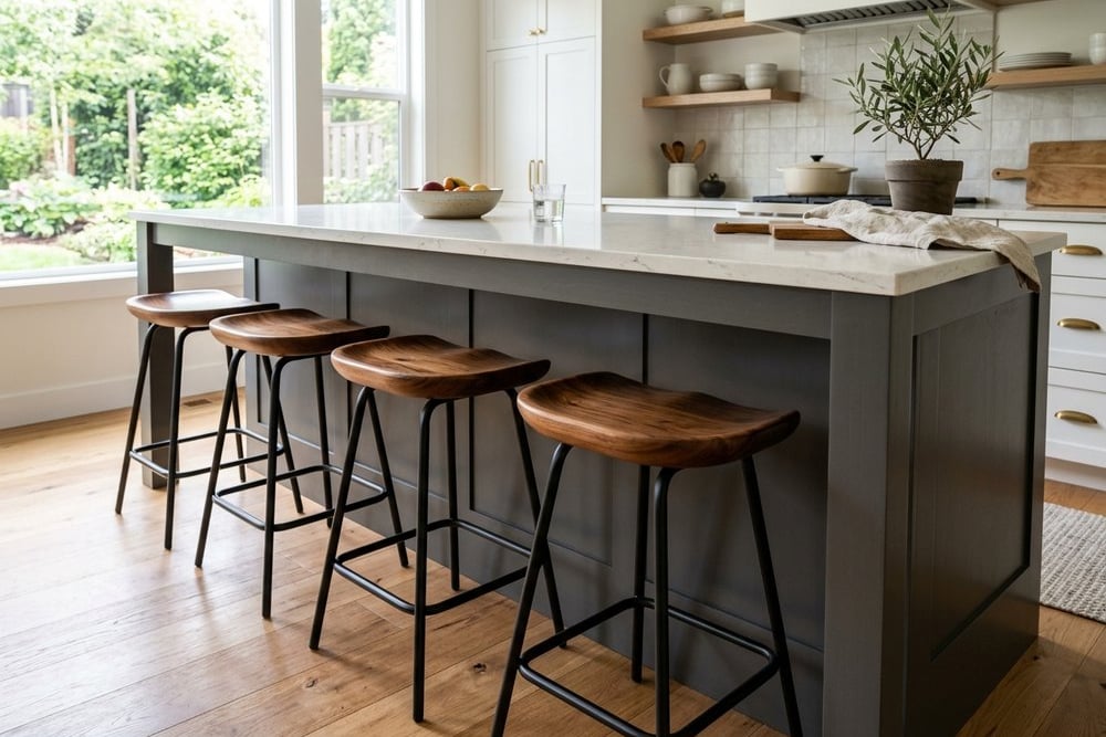 Bar stools tucked under a kitchen island showing leg clearance