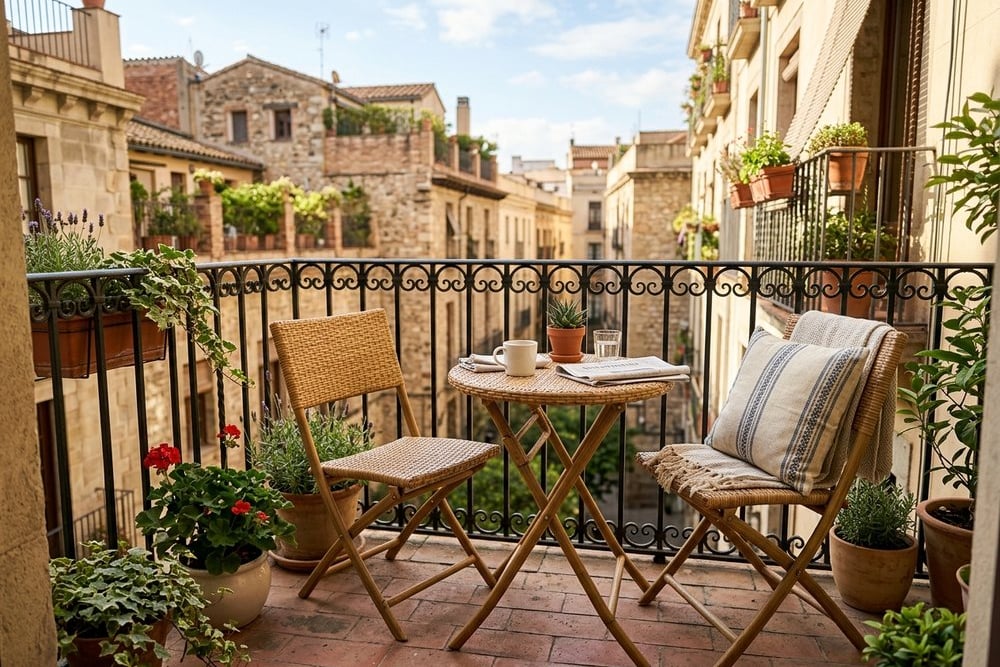 Compact folding rattan bistro set on a small city balcony