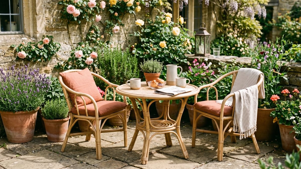 Rattan bistro set with terracotta cushions on a small cottage patio