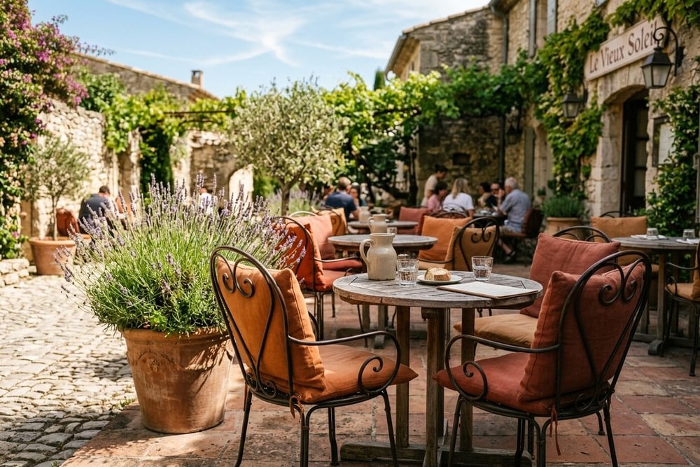 Bistro chairs with warm terracotta cushions on a sunny patio