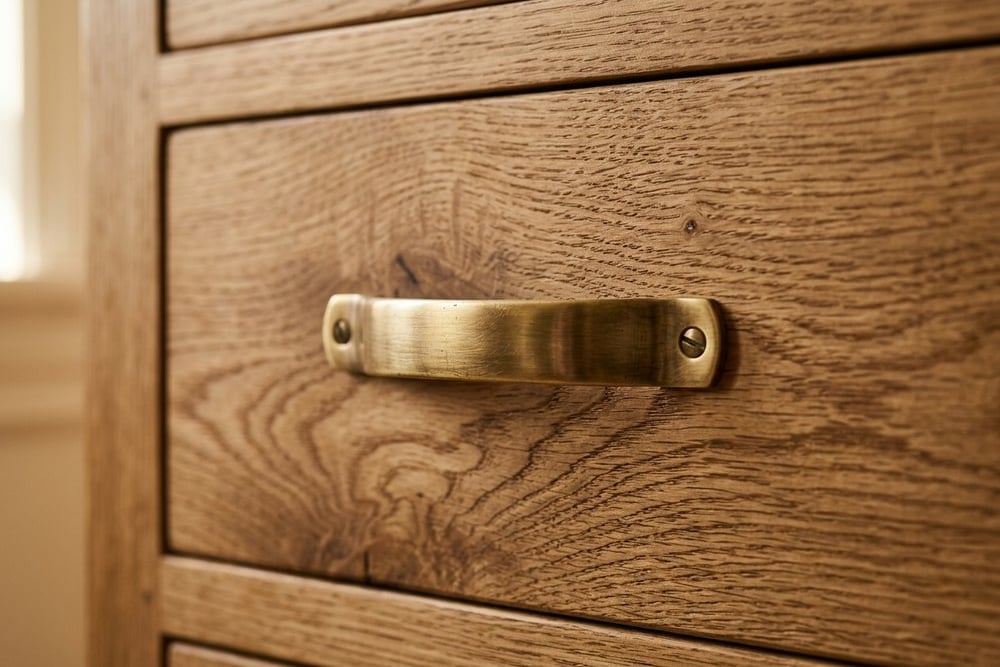 Close-up of a solid oak drawer with a brushed brass handle