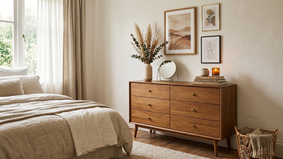 Warm oak six-drawer chest with a styled top in a calm bedroom