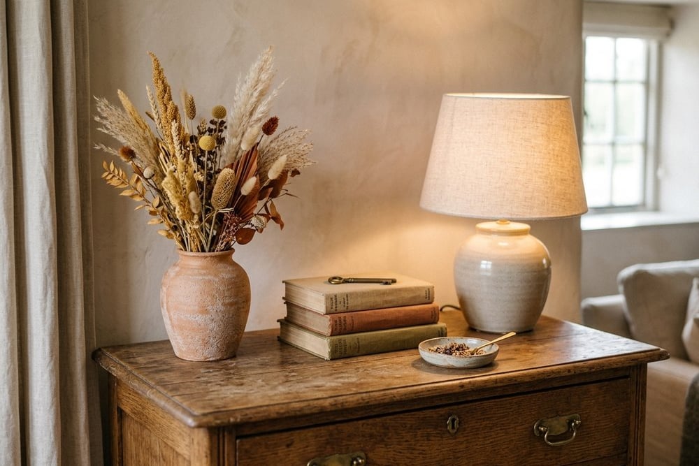 Styled chest of drawers top with a lamp, books, a dish and dried grass