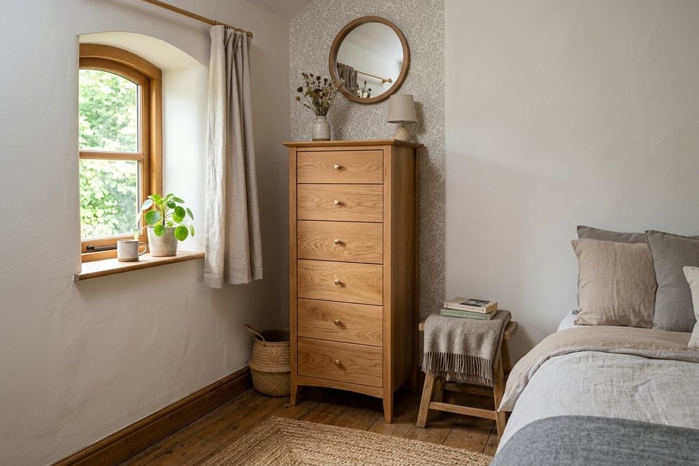 Tall narrow tallboy chest of drawers in a small bedroom corner