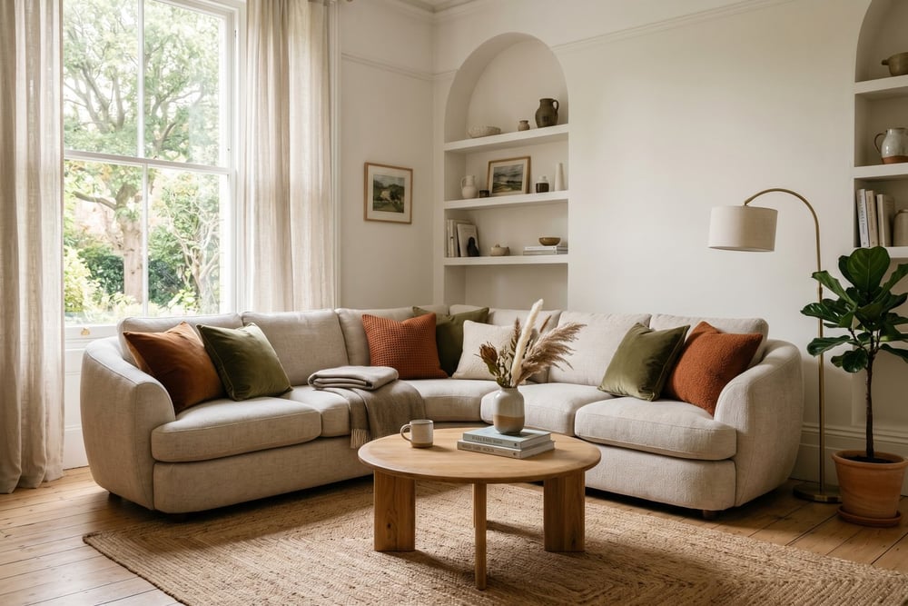 Oatmeal corner sofa with curved arms styled with warm-toned cushions and a round coffee table