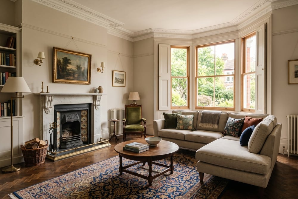 Corner sofa arranged around a bay window and chimney breast in a period living room