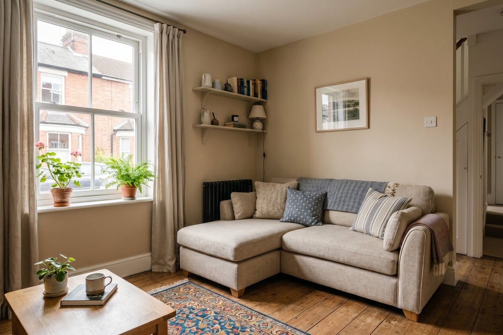 Compact L-shaped corner sofa tucked into the corner of a small terraced-house living room
