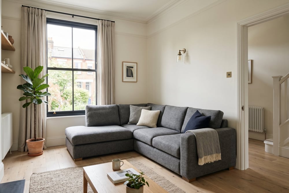 Diagram-style living room showing a corner sofa with its long side against a window wall