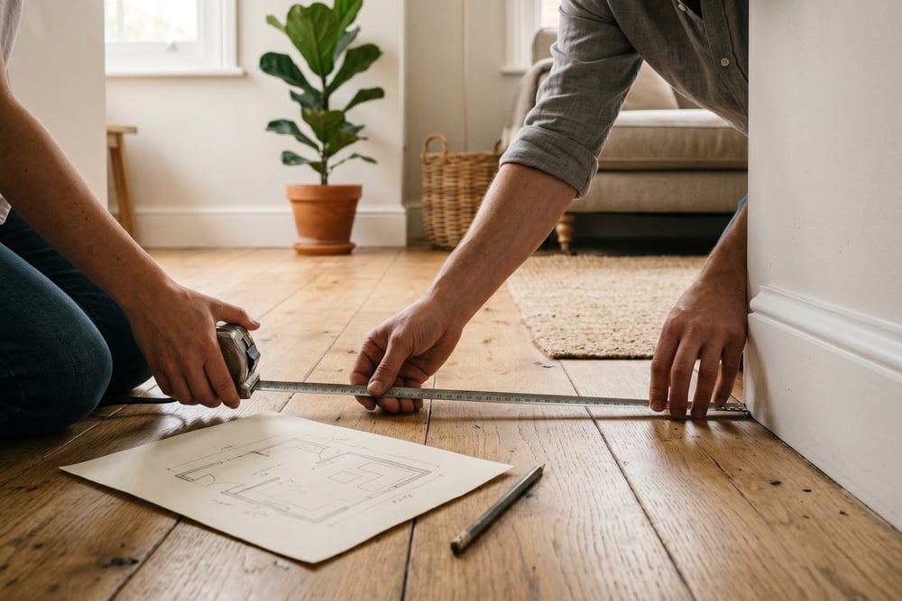 Person measuring a living room alcove with a tape measure and a floor plan sketch