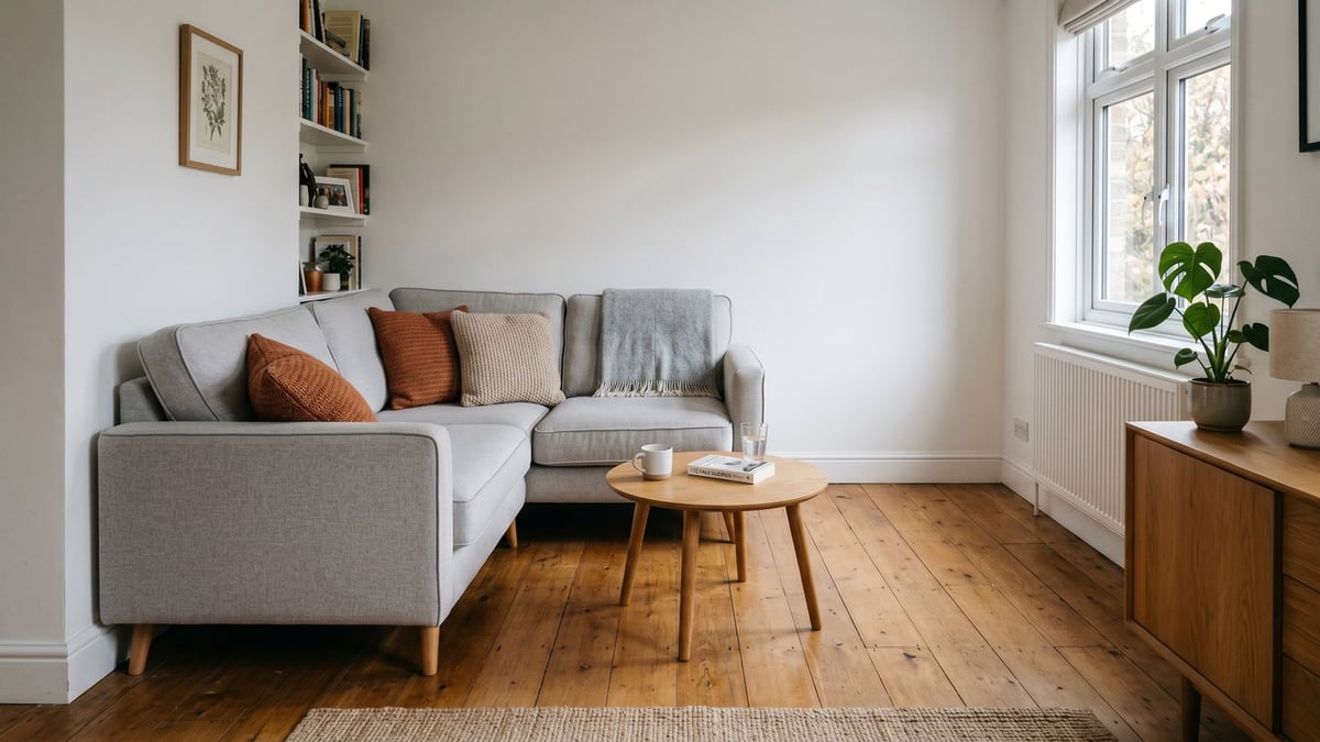 Grey corner sofa fitted into a small modern living room with a coffee table