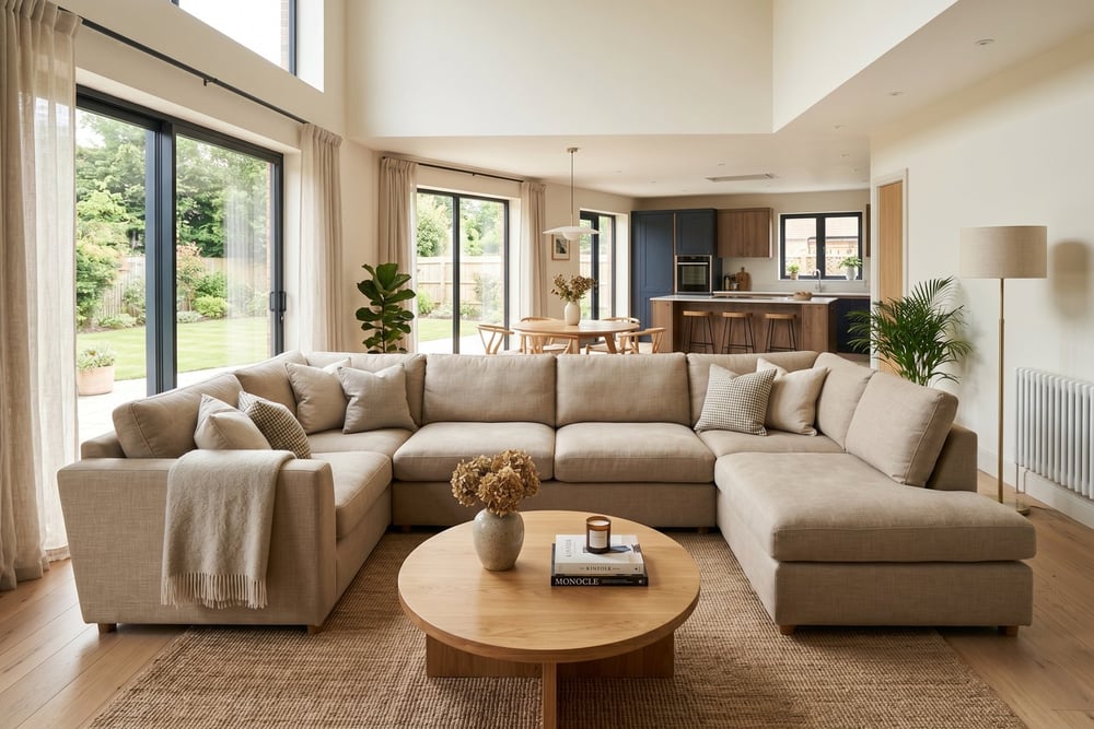 Large U-shaped corner sofa used to zone the seating area of an open-plan room