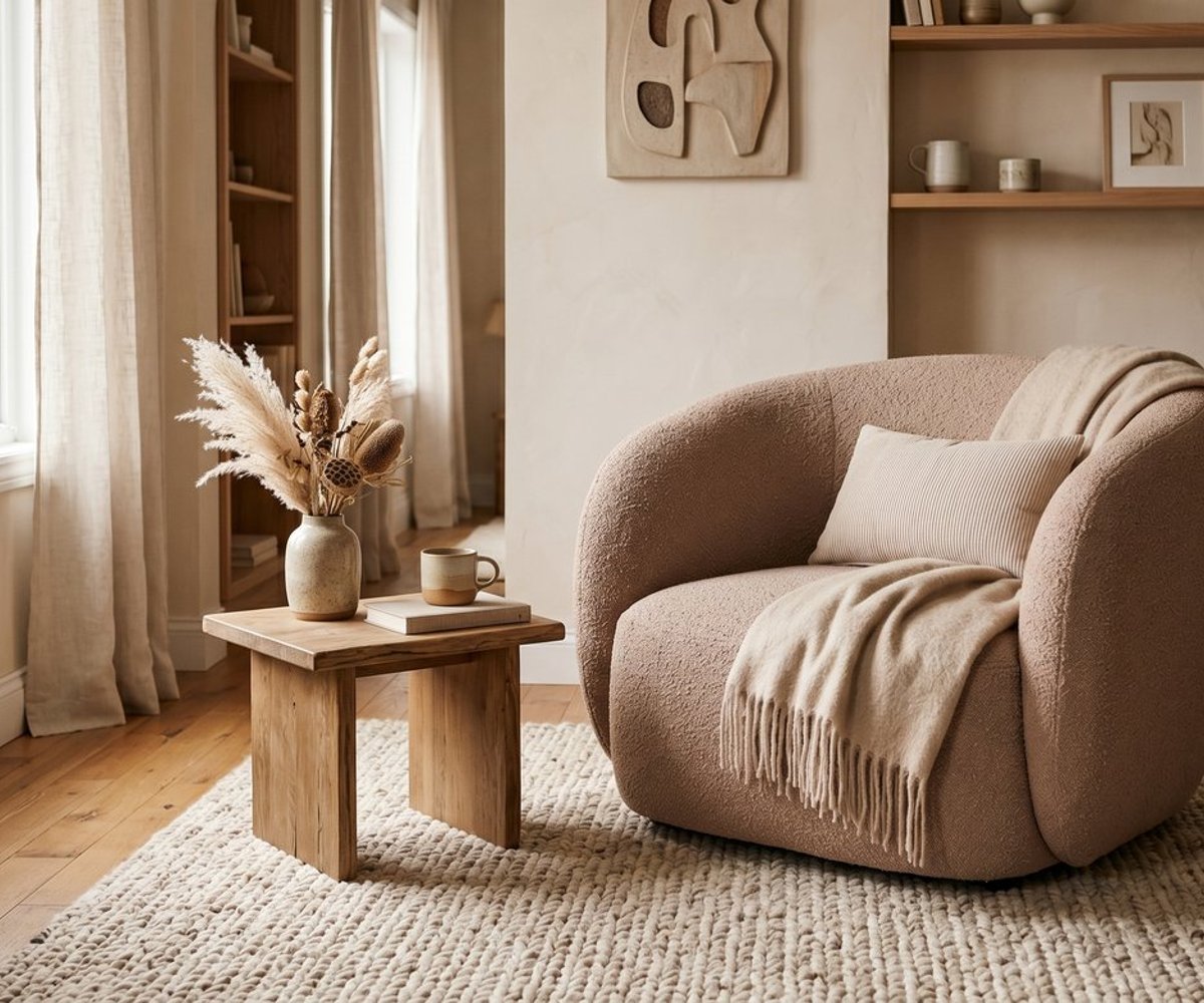 Curved bouclé armchair in a warm living room