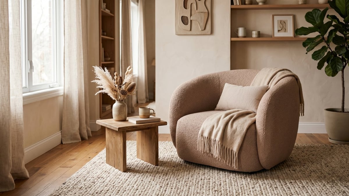Curved boucle armchair in a soft mushroom tone in a warm living room