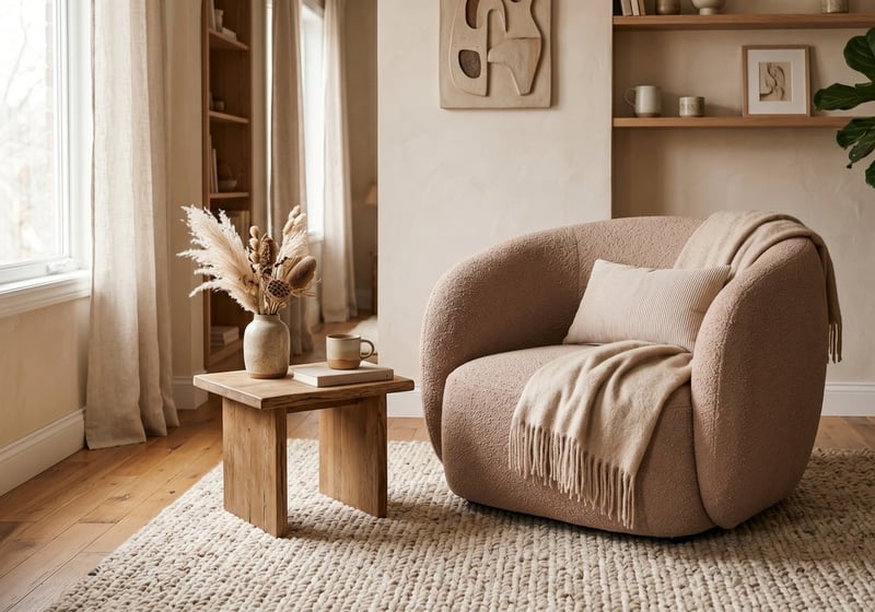 A curved bouclé armchair in a warm living room