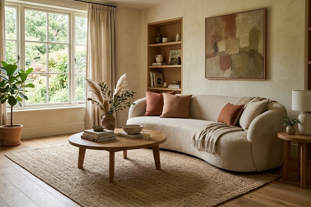 Curved oatmeal sofa with a round coffee table on a jute rug