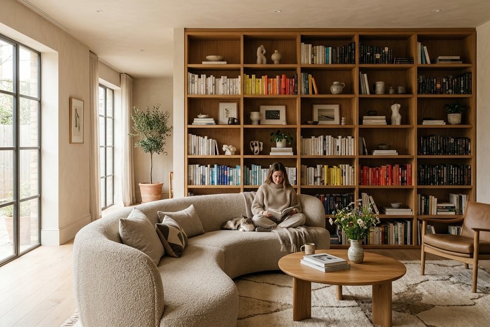 Curved sofa beside a straight-lined wooden bookcase
