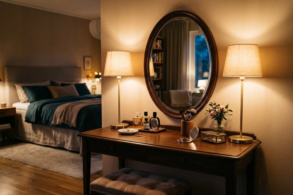 Dressing table lit by two table lamps at face height