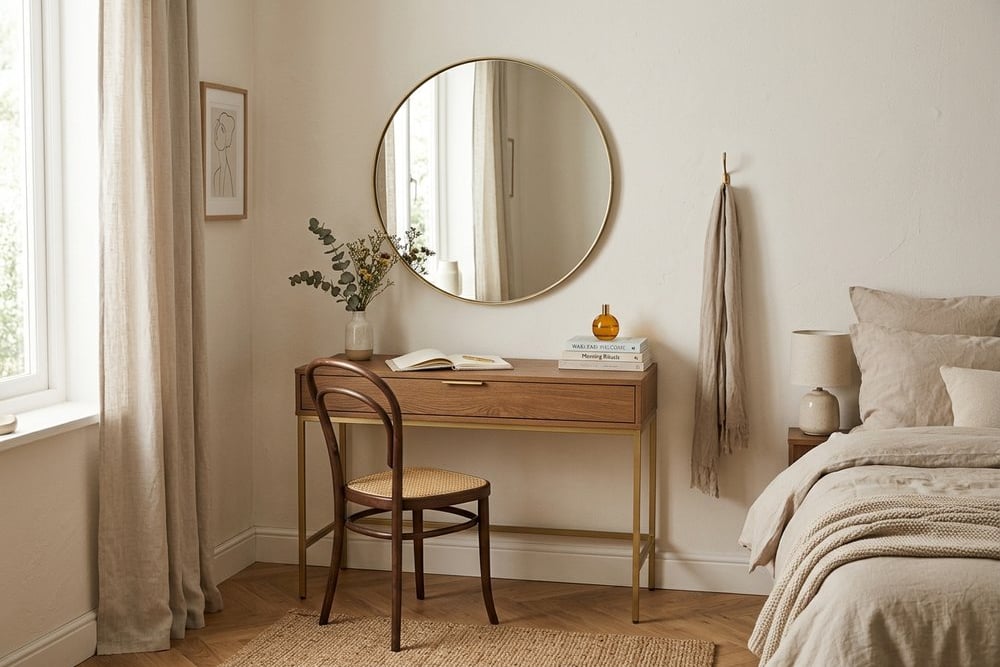 Slim console dressing table in a small bright bedroom