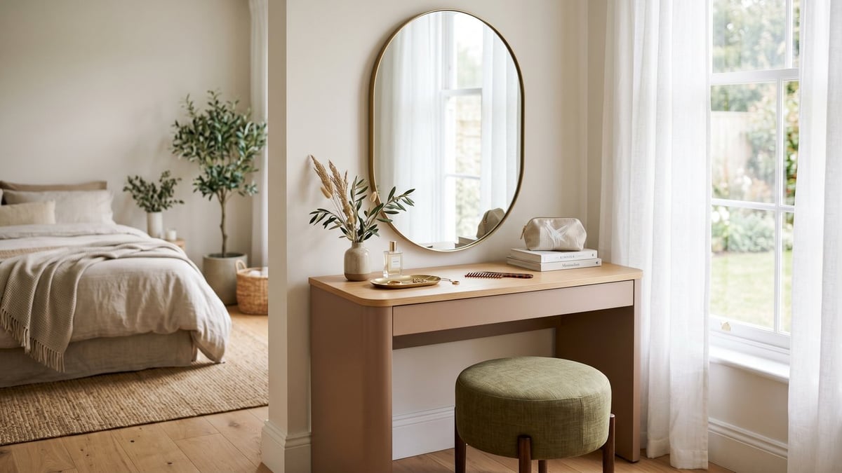 Modern dressing table with an oval mirror and green stool in a bright bedroom