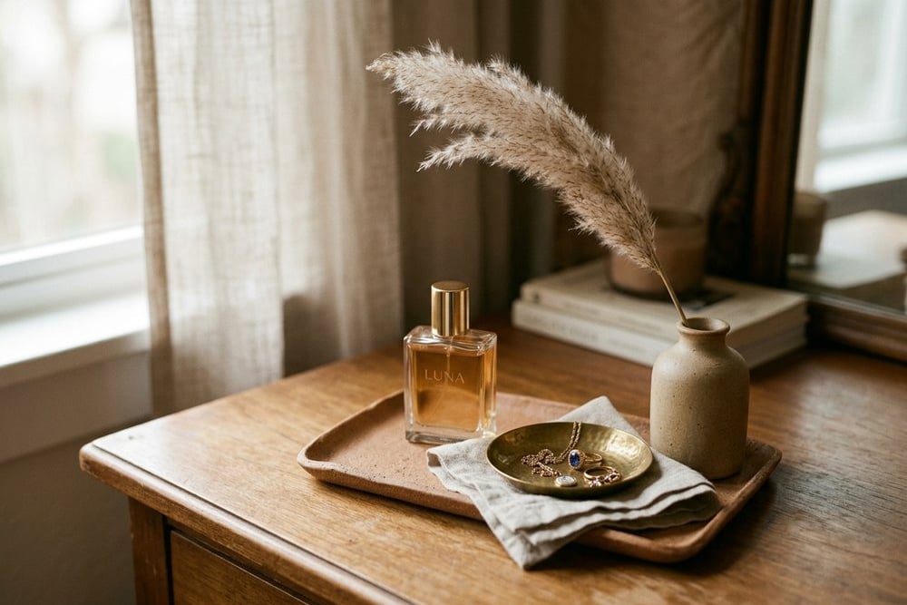 Styled dressing table top with a tray, perfume and dried grass
