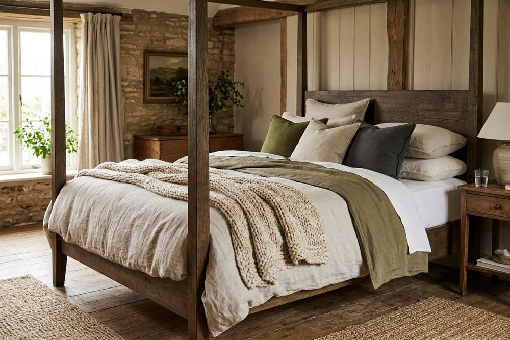 Four-poster bed dressed with layered linen and olive cushions