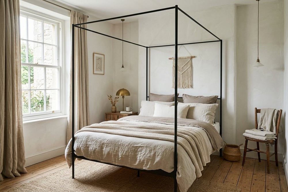 Slim metal four-poster bed in a smaller, airy bedroom