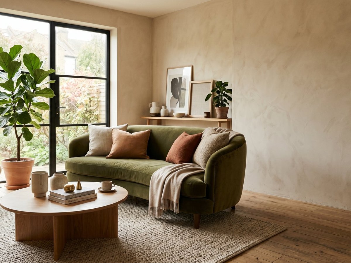 A styled living room with an olive green velvet sofa and warm tones