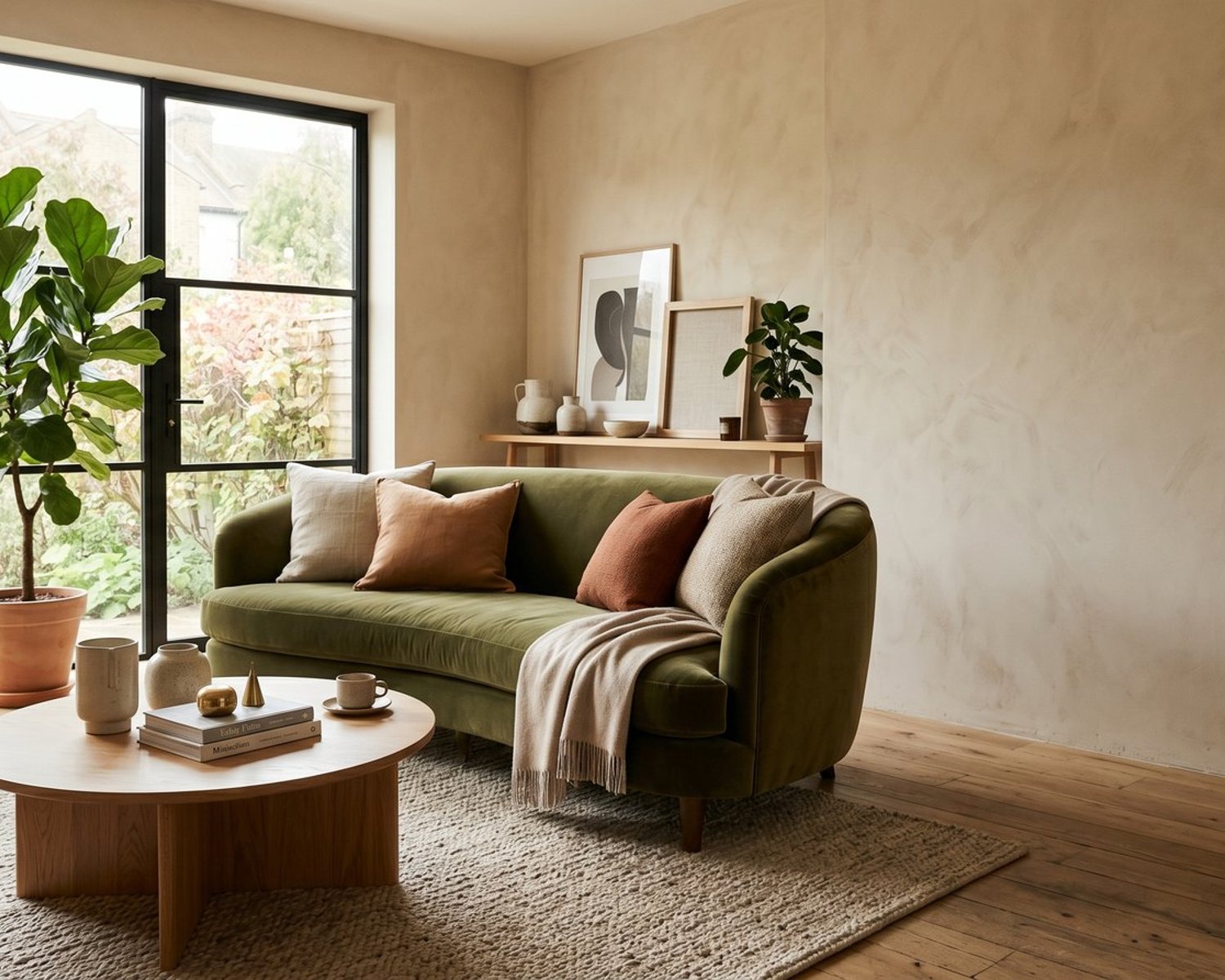 Olive green sofa in a warm modern living room