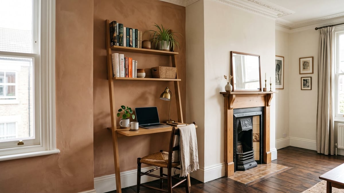 Leaning ladder desk fitted into an alcove beside a chimney breast in a UK terraced house